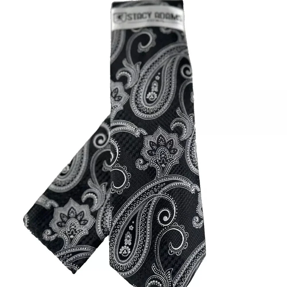 Stacy Adams Men's Tie & Hanky Set Black Silver Charcoal Grey Paisley 3.25